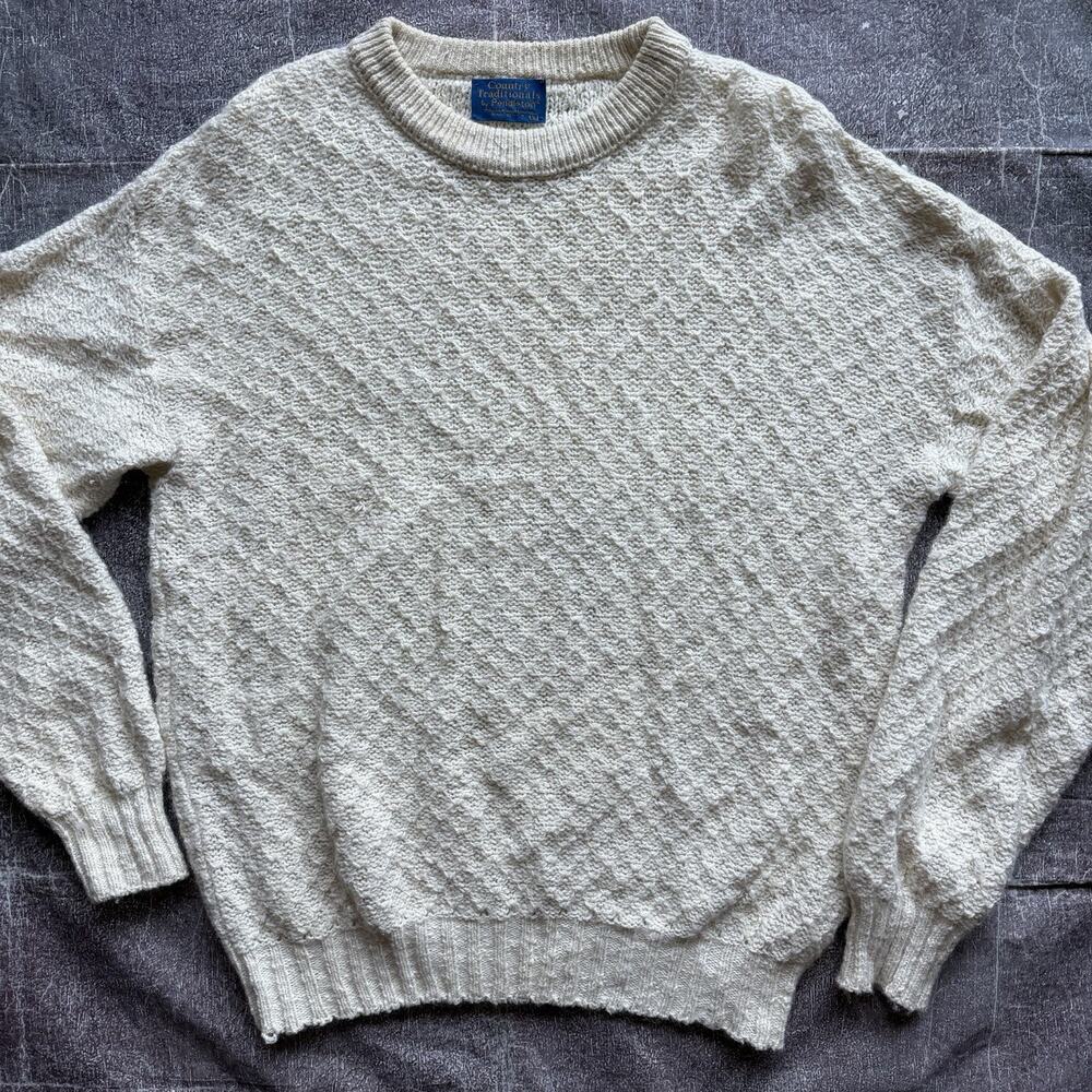 Men's Vintage 80's Pendleton Ivory White Wool Chunky Knit Crewneck Sweater Sz L